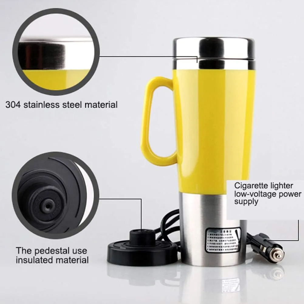 400ml Vacuum Insulated Stainless Steel Travel Mug Car Cup with charger car Boiling Mug Electric Kettle Boiling Vehicle Thermos with DC12V Heating Cup (Yellow)
