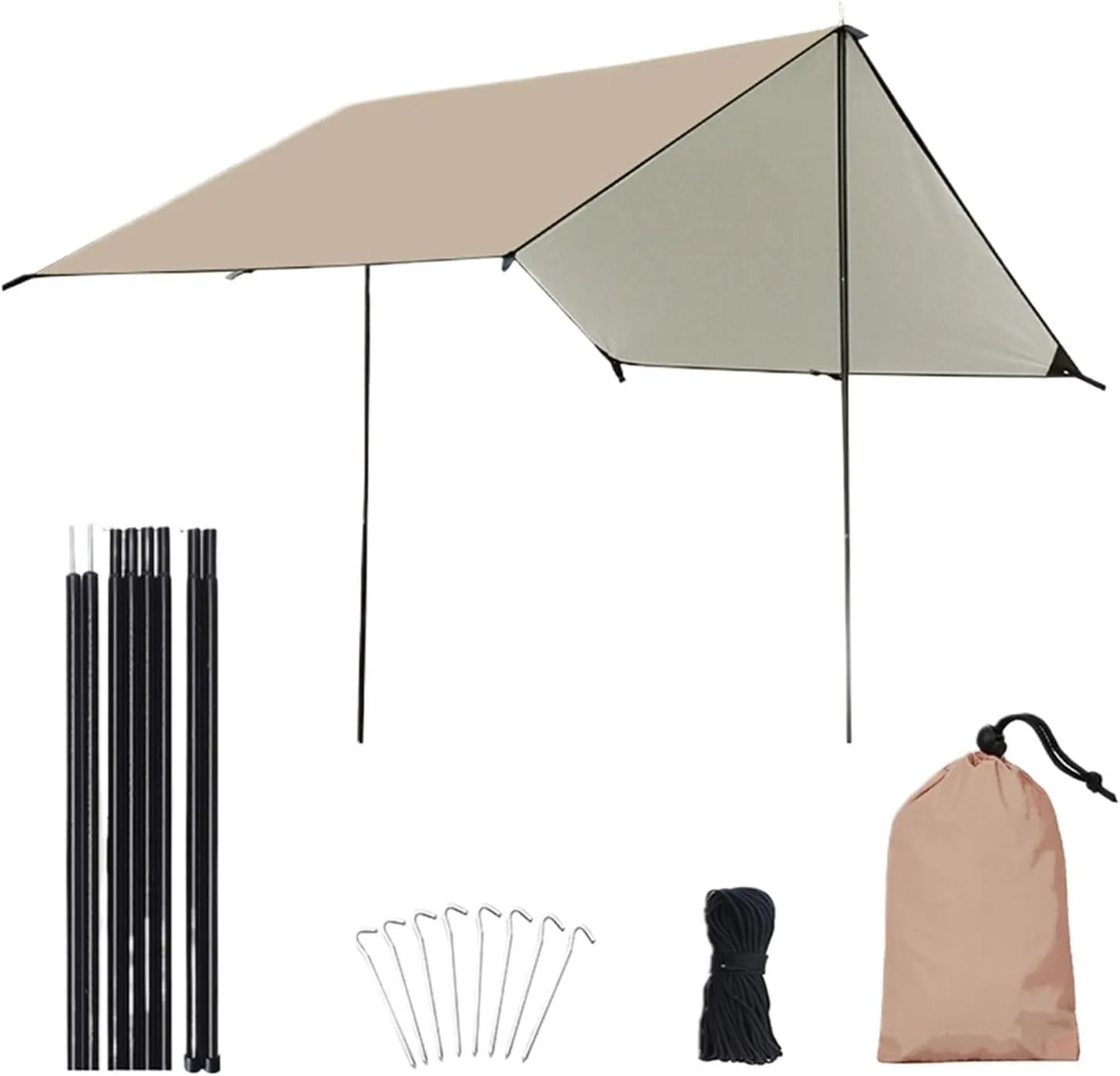 4m Width Camp Awning with Poles Waterproof UV Protection Sun Shade Outdoor Camping Hiking Backpacking Fishing Tarp for Outdoors, Picnic