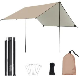 4m Width Camp Awning with Poles Waterproof UV Protection Sun Shade Outdoor Camping Hiking Backpacking Fishing Tarp for Outdoors, Picnic