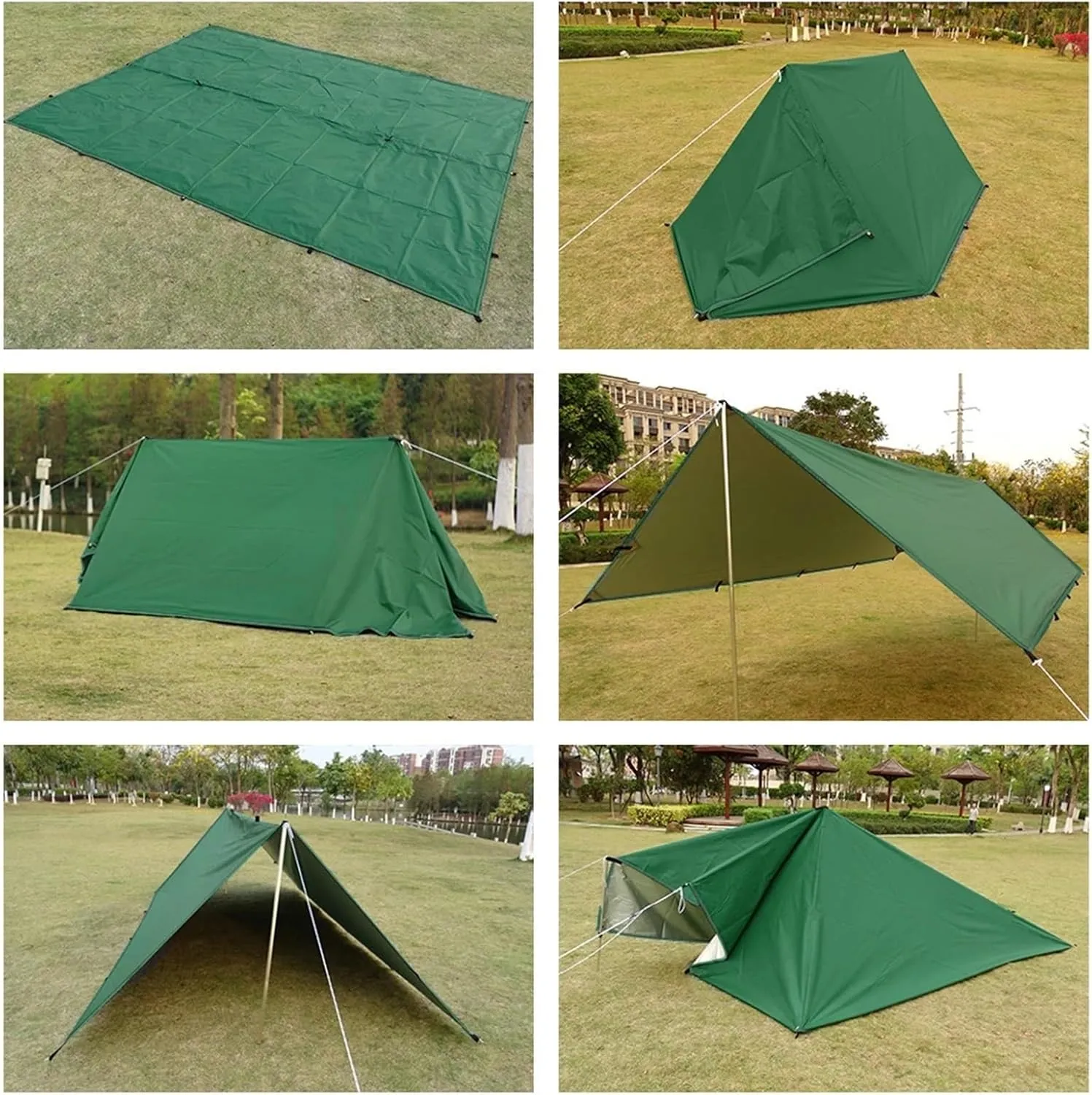 4x4m 4x3m 3x3m 19 Hang Points Tent Tarp Survival Sun Shelter Shade Canopy Outdoor Backpacking Waterproof Camping Awning Sunshade for Outdoors, Picnic(3x3.0m Green)