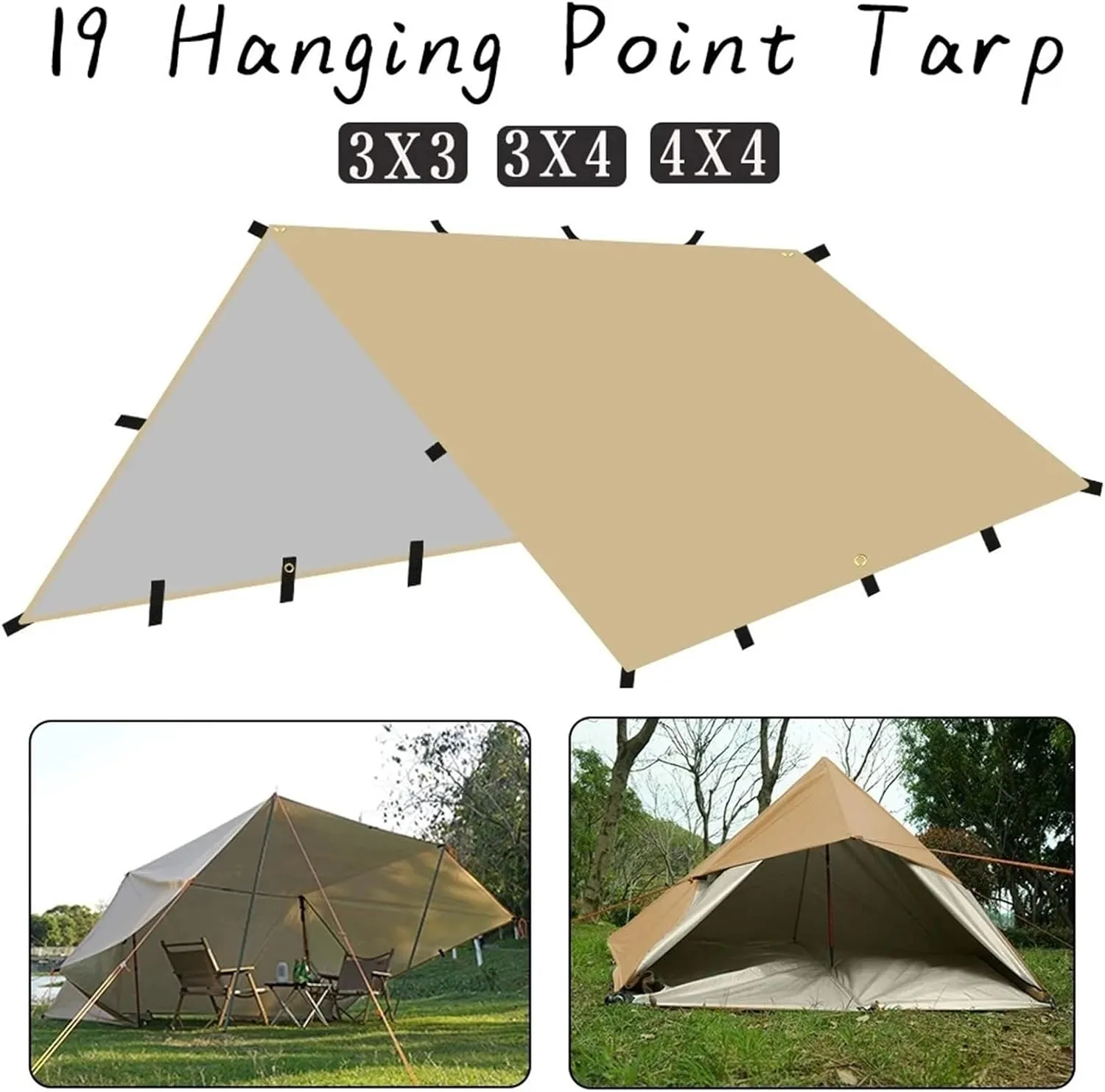 4x4m 4x3m 3x3m 19 Hang Points Tent Tarp Survival Sun Shelter Shade Canopy Outdoor Backpacking Waterproof Camping Awning Sunshade for Outdoors, Picnic(3x3.0m Green)
