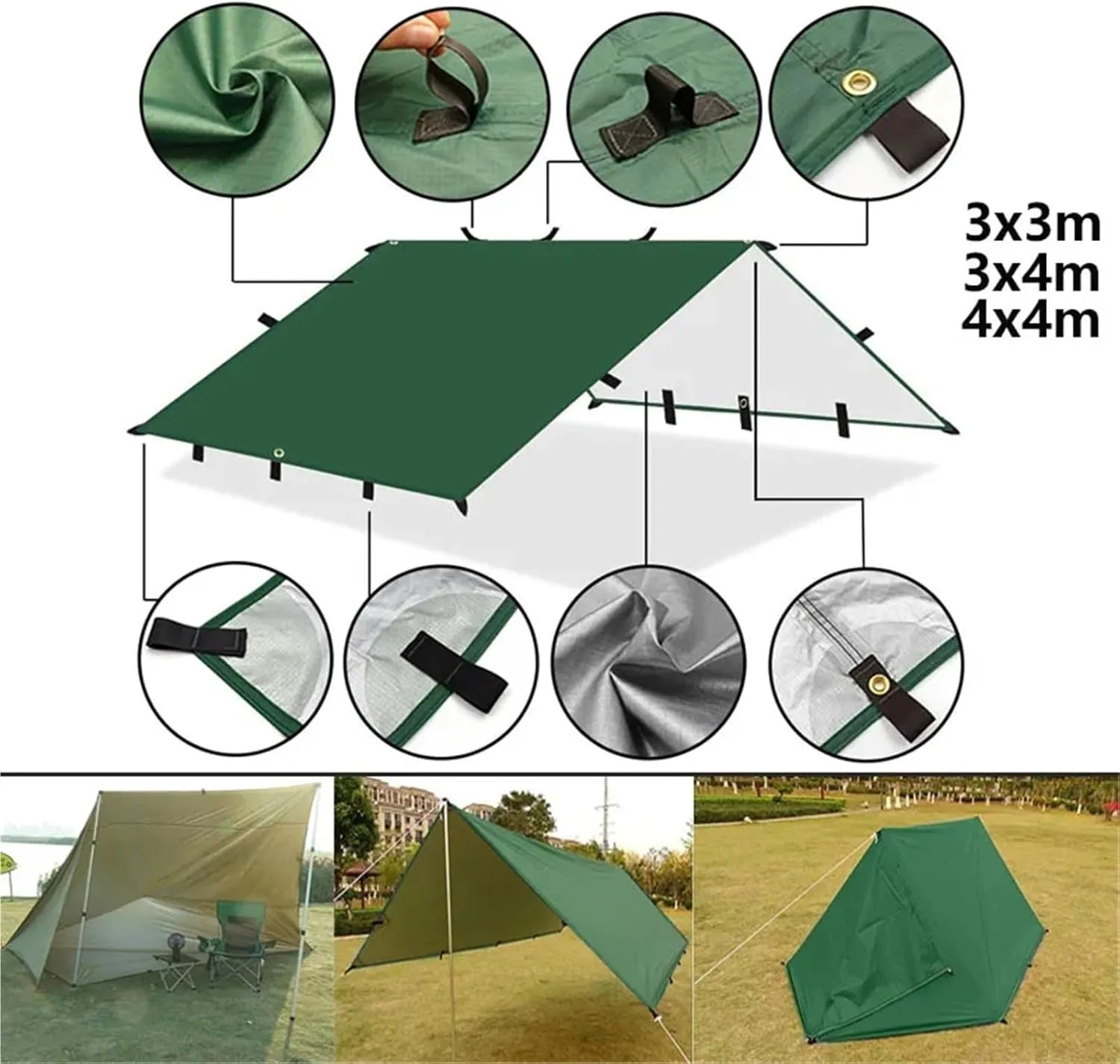 4x4m 4x3m 3x3m 19 Hang Points Tent Tarp Survival Sun Shelter Shade Canopy Outdoor Backpacking Waterproof Camping Awning Sunshade for Outdoors, Picnic(3x3.0m Green)