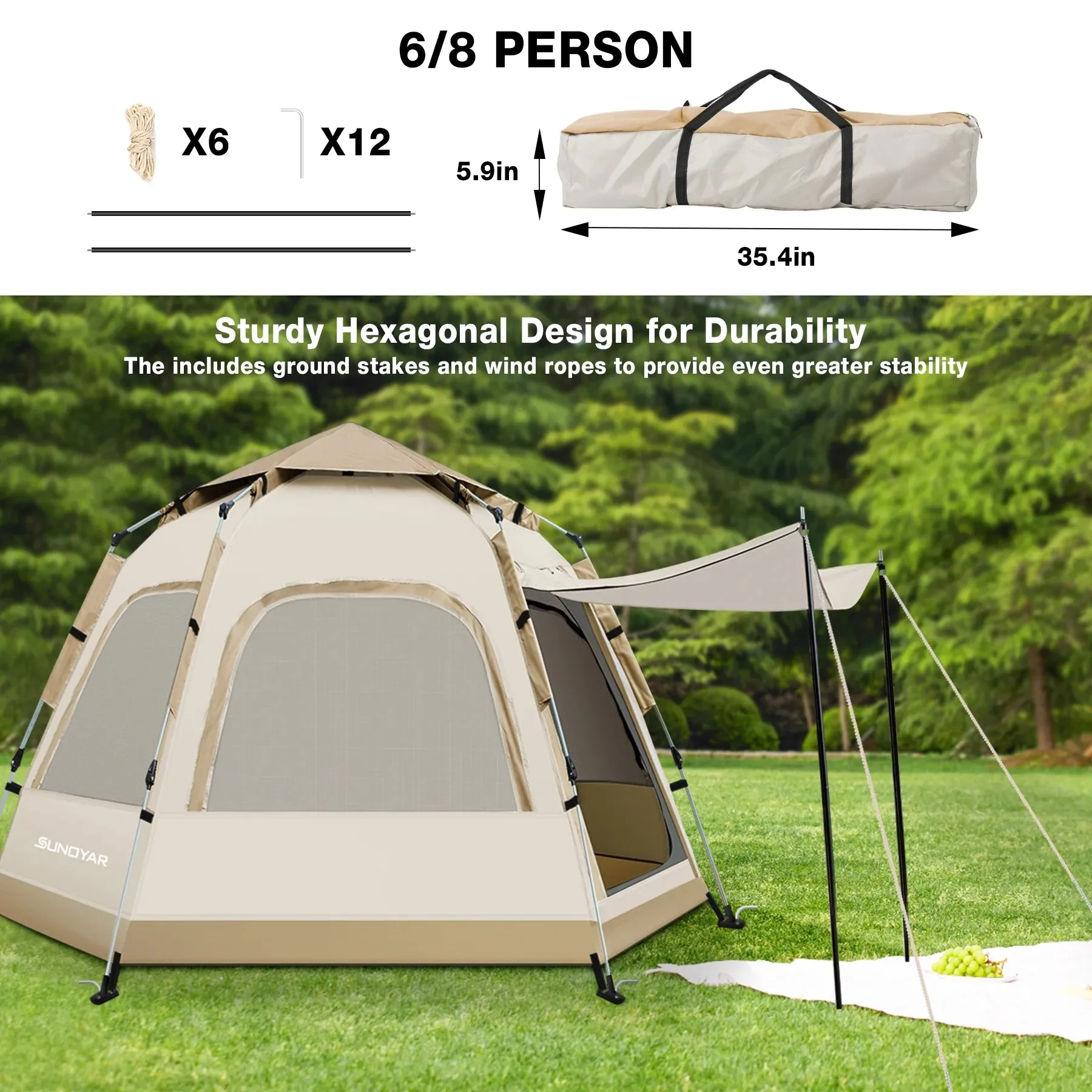 6-8 Person Waterproof Pop-Up Camping Tent with Removable Rainfly & Carry Bag for Outdoor Adventures