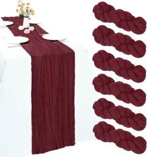 6 Pack Burgundy Cheesecloth Summer Table Runner 10FT Boho Gauze Fabric Table Runner 35 x 120 Inch Rustic Sheer Runner for Mother's Day Wedding Decor Baby Shower Party Table Decoration