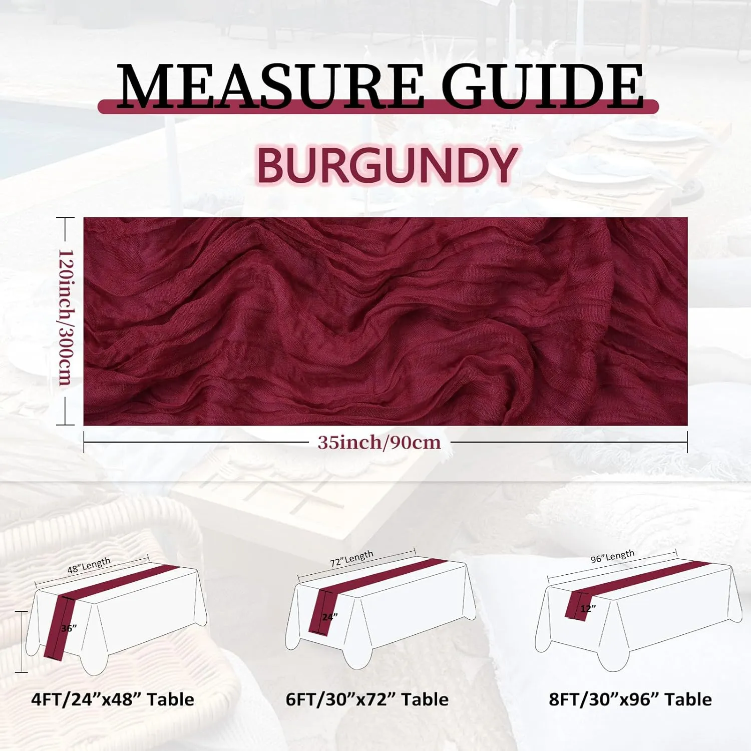 6 Pack Burgundy Cheesecloth Summer Table Runner 10FT Boho Gauze Fabric Table Runner 35 x 120 Inch Rustic Sheer Runner for Mother's Day Wedding Decor Baby Shower Party Table Decoration