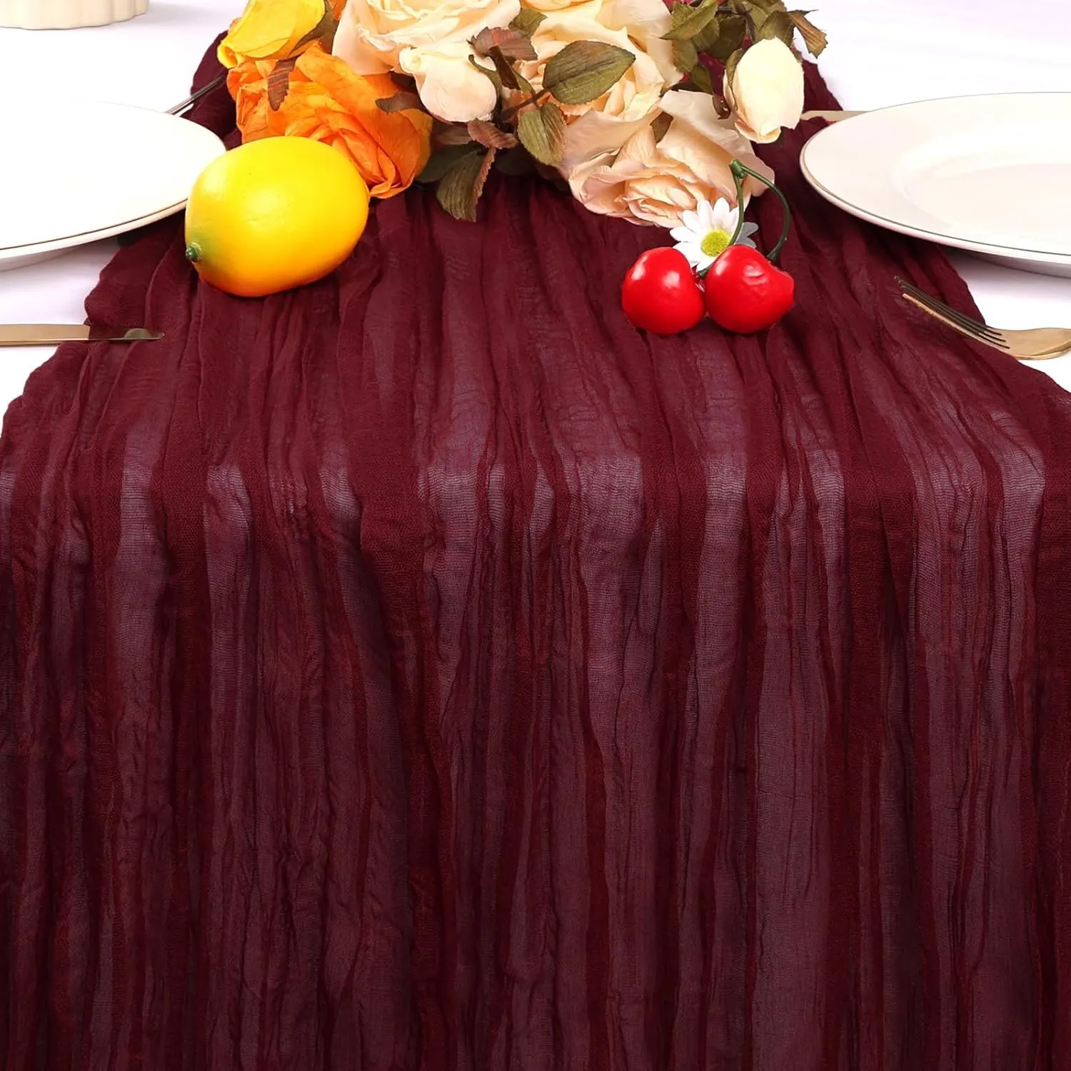 6 Pack Burgundy Cheesecloth Summer Table Runner 10FT Boho Gauze Fabric Table Runner 35 x 120 Inch Rustic Sheer Runner for Mother's Day Wedding Decor Baby Shower Party Table Decoration