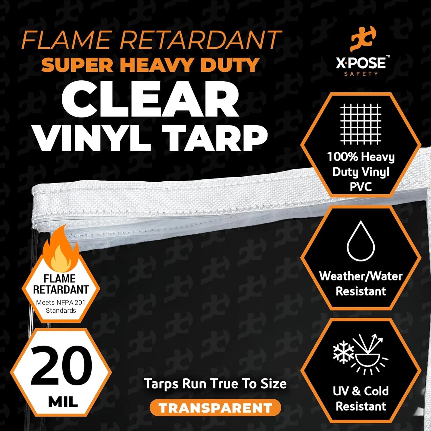 6' x 10' Clear Vinyl Tarp - Fire Retardant 20 Mil Super Heavy Duty Transparent Waterproof PVC Tarpaulin with Brass Grommets - for Patio Enclosure, Temporary Wall, Multipurpose - by Xpose Safety