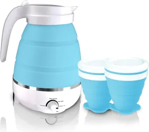 600ml Travel Electric Kettle, Portable Travel Foldable Electric Kettle Home Collapsible 5 Different Temperature Silicone Water Boiler and Tea Pot for Camping (Blue)