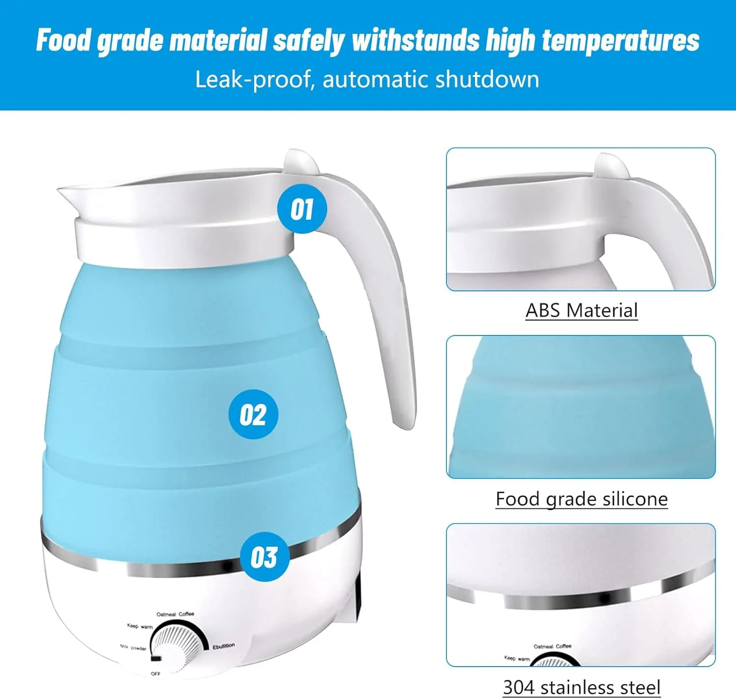 600ml Travel Electric Kettle, Portable Travel Foldable Electric Kettle Home Collapsible 5 Different Temperature Silicone Water Boiler and Tea Pot for Camping (Blue)