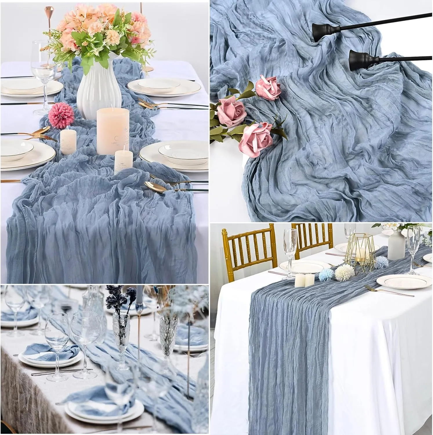 6Pack Dusty Blue Cheesecloth Table Runner 10Ft 35x120 Inch Boho Gauze Table Runner Rustic Cheese Cloth Long Table Runner for Wedding Baby Bridal Shower Birthday Party Decorations