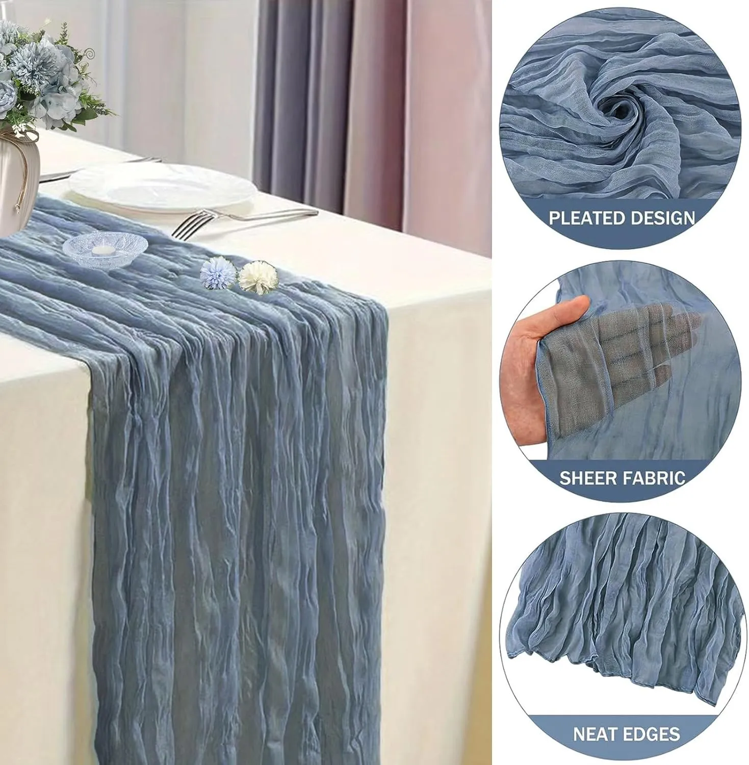 6Pack Dusty Blue Cheesecloth Table Runner 10Ft 35x120 Inch Boho Gauze Table Runner Rustic Cheese Cloth Long Table Runner for Wedding Baby Bridal Shower Birthday Party Decorations