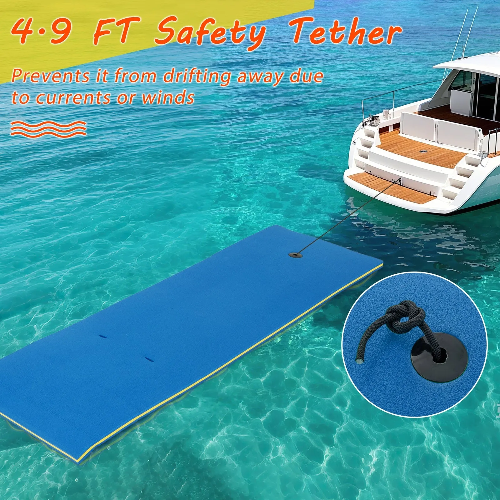 7 Inches x 2 Inches Water Mat with Safety Tether and Pillow Design for Lake and Pool-Blue