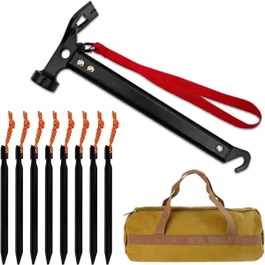 8 Pack Tent Stakes Camping Accessories Kit and Camping Hammer with Canvas Storage Bag, for Outdoor Tent & tarp-Essential Accessories, Carbon Steel Aluminum Camping Hammer for Hiking Kit