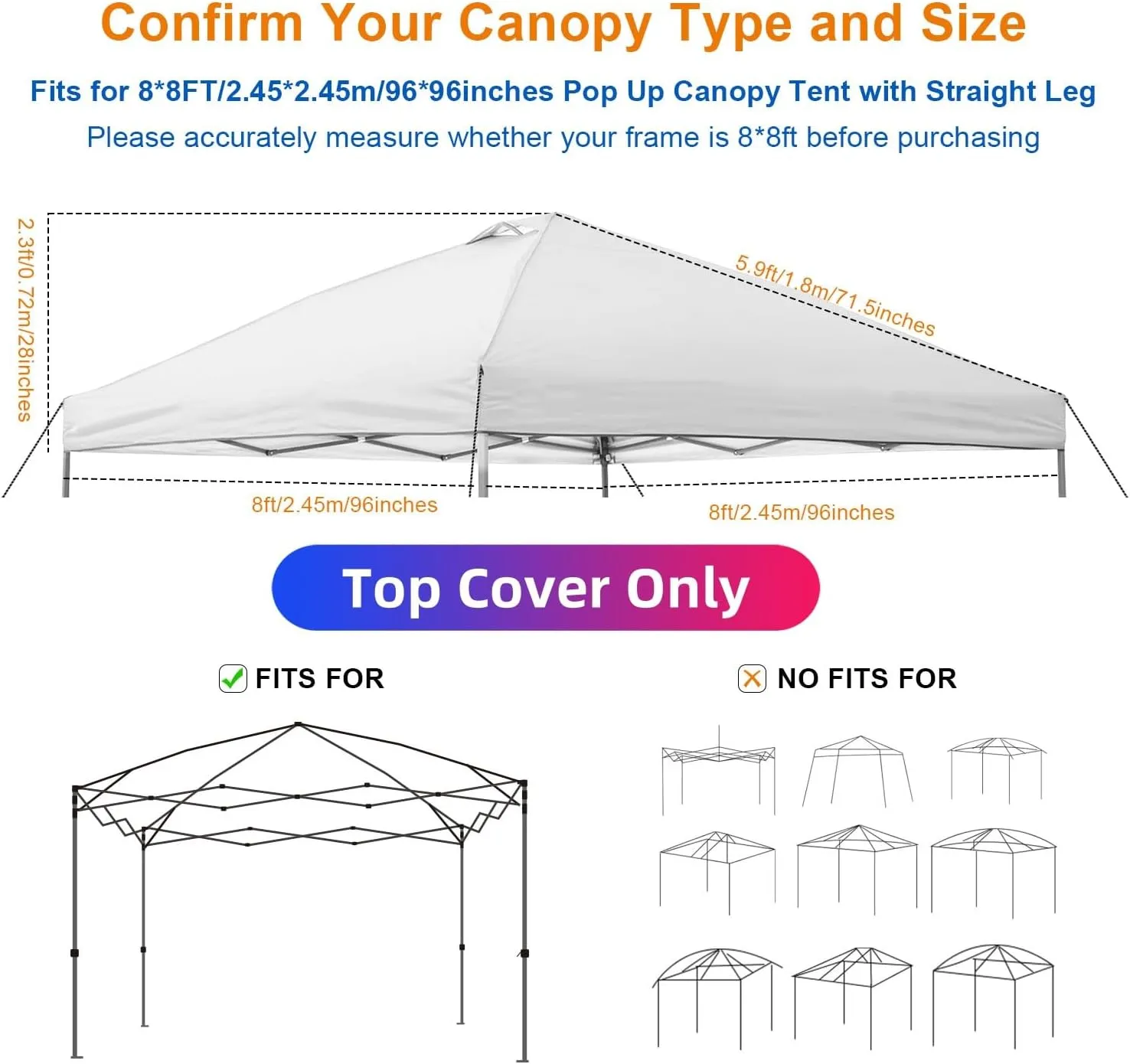 8x8 Canopy Replacement Top Cover,Waterproof Pop Up Canopy Replacement Cover with Air Vent Ropes for Outdoor Garden Patio Picnic Camping,Top Only(Top Only,245 * 245cm