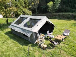 9.8 x13ft Inflatable Camping Tents with Hand Pump, Air Glamping Tents, Easy Setup Waterproof and Windproof Blow up Tent, 4 Seasons Cabin Tent with Mesh Chimney Window. Army Green