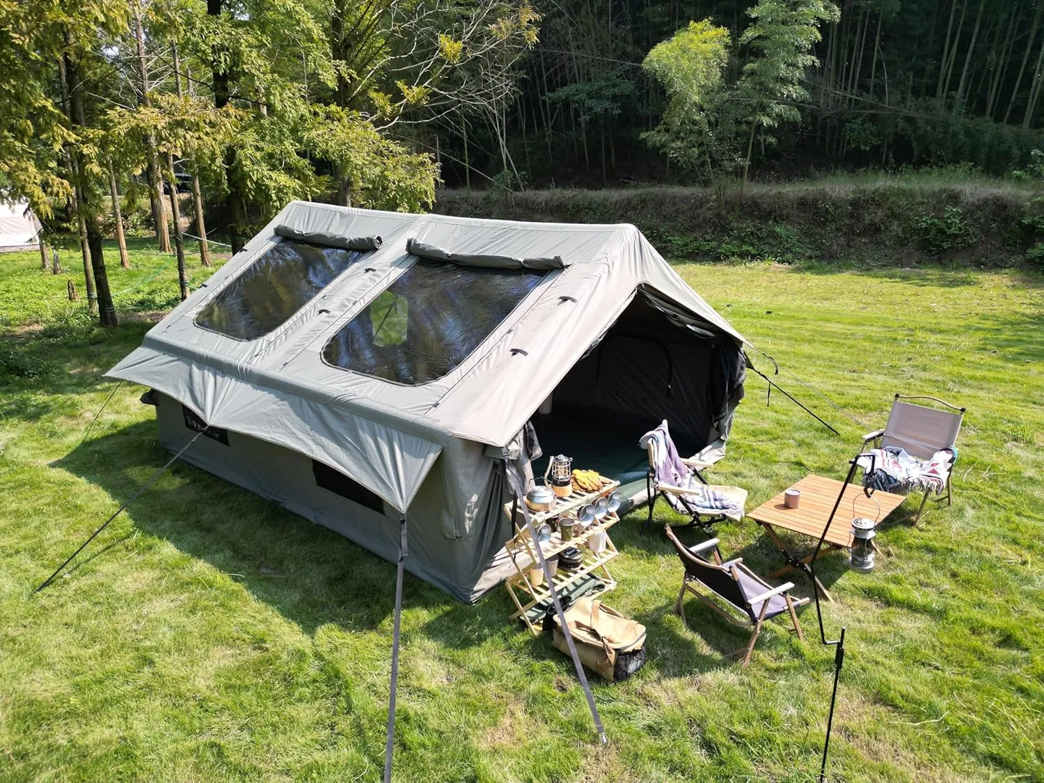 9.8 x13ft Inflatable Camping Tents with Hand Pump, Air Glamping Tents, Easy Setup Waterproof and Windproof Blow up Tent, 4 Seasons Cabin Tent with Mesh Chimney Window. Army Green