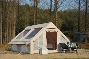 9.8 x13ft Inflatable Camping Tents with Hand Pump, Air Glamping Tents, Easy Setup Waterproof and Windproof Blow up Tent, 4 Seasons Cabin Tent with Mesh Chimney Window. Beige