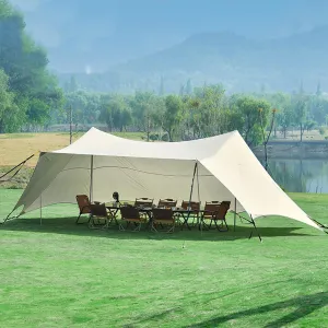 9x5m Camping Tarp Under Tent with 4 Poles Waterproof Lightweight Camping Tent Tarp Hammock Rain Fly Ultralight Anti-UV Awning Canopy for Family Vacation and Camping,Beige