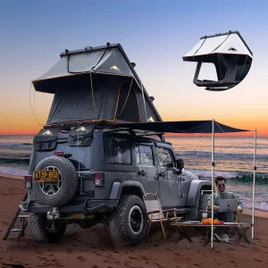 Adventurer Pro Rooftop Tent Hard Shell with USB Outlet, Side Awning, Replaceable Rain Fly&Luggage Racks for 4 Season Camping, Aluminum Pop Up 2-3 Person Roof Top Tent for Truck Jeep SUV Car Van