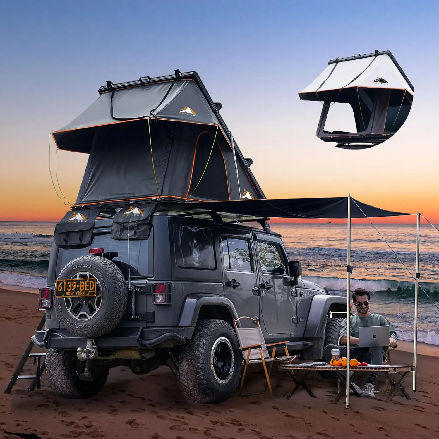Adventurer Pro Rooftop Tent Hard Shell with USB Outlet, Side Awning, Replaceable Rain Fly&Luggage Racks for 4 Season Camping, Aluminum Pop Up 2-3 Person Roof Top Tent for Truck Jeep SUV Car Van