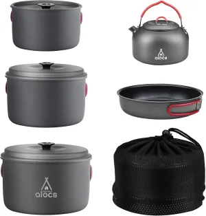 Alocs Compact Camping Cookware Set - Durable Hard Alumina Pots and Pans with Kettle, Ideal for Backpacking, Hiking, Picnic, Includes Mesh Carry Bag