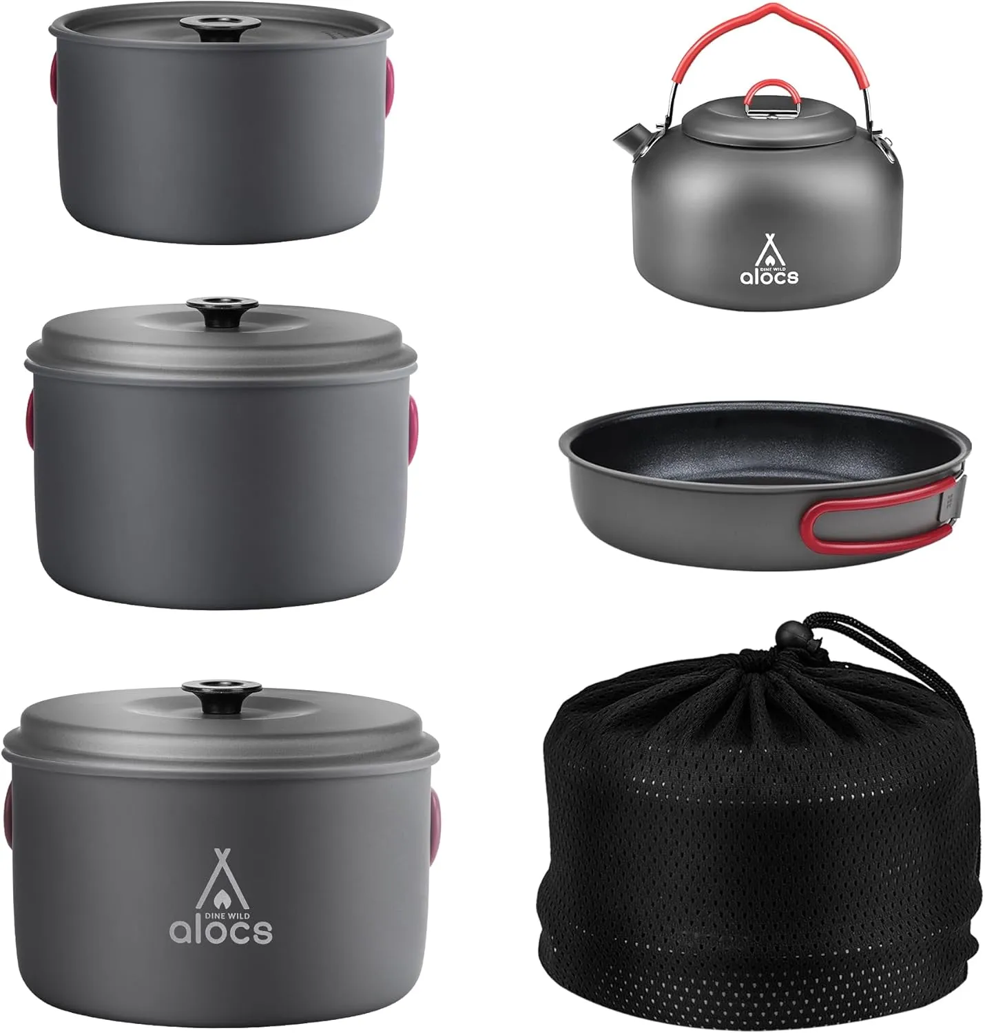 Alocs Compact Camping Cookware Set - Durable Hard Alumina Pots and Pans with Kettle, Ideal for Backpacking, Hiking, Picnic, Includes Mesh Carry Bag