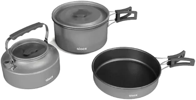 Alocs Outdoor Camping Cookware Set, 8 Inch Frying Pan, 1L Cooking Pot, 0.8L Teakettle