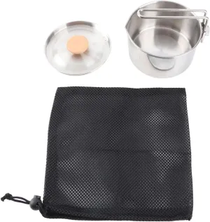 Alomejor Stainless Steel Camping Pot Portable Foldable Outdoor Camping Kettle Pot Solid Wood Lid Handle for Picnic Hiking