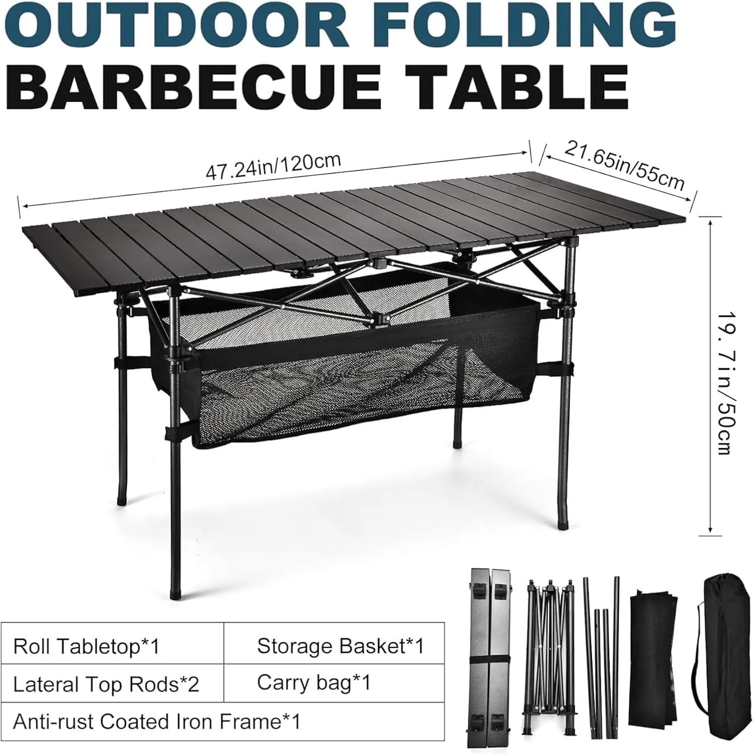 Aluminum Folding Table, Ultra Lightweight Camping Table with Mesh Layers, Roll Up Folding Beach Table for Indoor, Outdoor, Camping, Beach, Backyard, BBQ, Party, Patio, Picnic Black