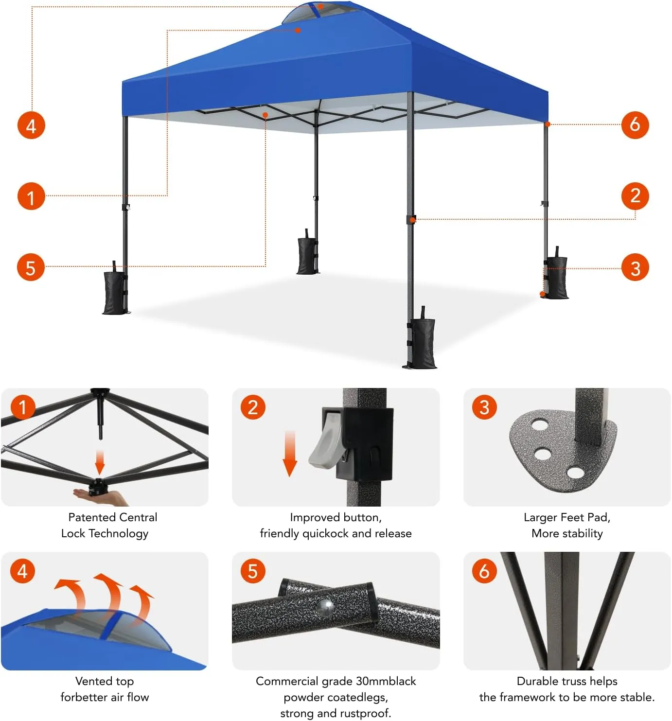 Amada 10x10ft 1-Person Setup Pop Up Canopy Tent - Easy Outdoor Sun Shade for Events, Parties, Camping, Gazebo with Wheel Cover Bag, Beach Tent with 3-Speed Adjustable Height,Blue