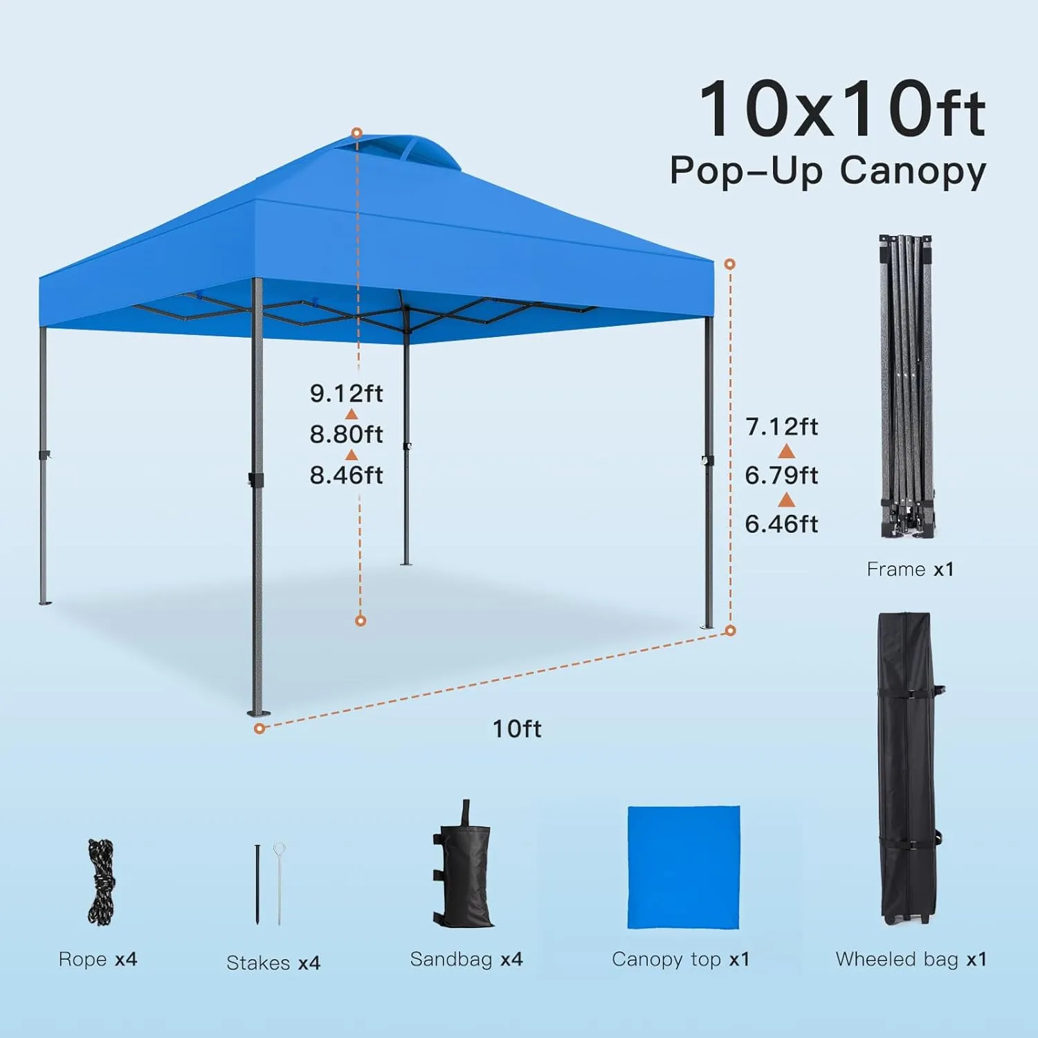 Amada 10x10ft 1-Person Setup Pop Up Canopy Tent - Easy Outdoor Sun Shade for Events, Parties, Camping, Gazebo with Wheel Cover Bag, Beach Tent with 3-Speed Adjustable Height,Blue