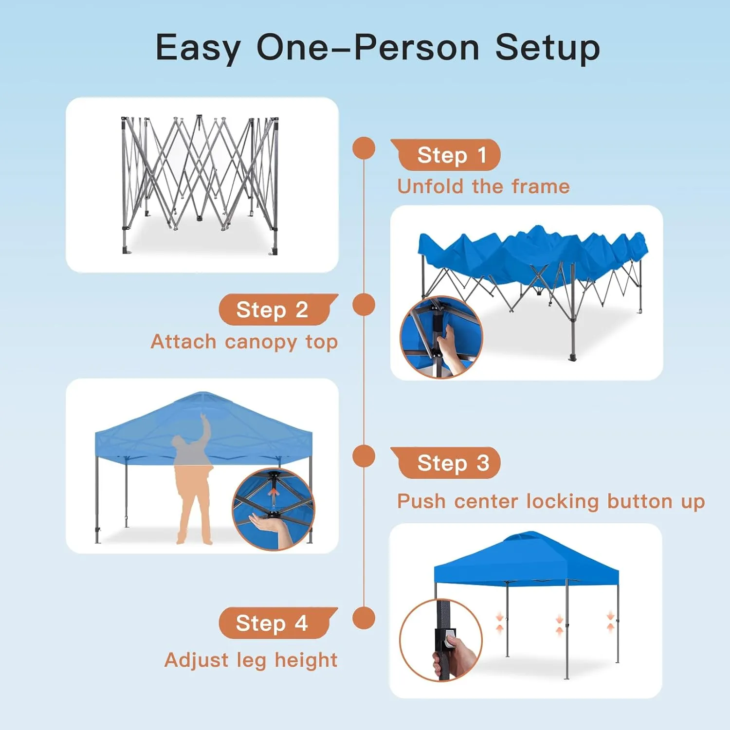 Amada 10x10ft 1-Person Setup Pop Up Canopy Tent - Easy Outdoor Sun Shade for Events, Parties, Camping, Gazebo with Wheel Cover Bag, Beach Tent with 3-Speed Adjustable Height,Blue