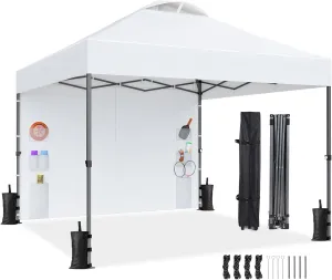 Amada 10x10ft 1-Person Setup Pop Up Canopy with Sidewalls, Beach Tent with Wheel Cover Bag, Easy Outdoor Sun Shade for Events, Parties, Camping, Gazebo with 3-Speed Adjustable Height, White
