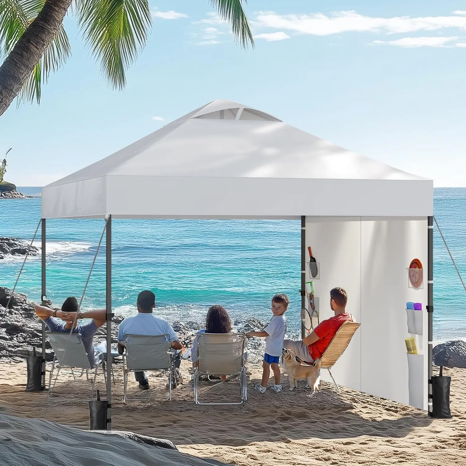 Amada 10x10ft 1-Person Setup Pop Up Canopy with Sidewalls, Beach Tent with Wheel Cover Bag, Easy Outdoor Sun Shade for Events, Parties, Camping, Gazebo with 3-Speed Adjustable Height, White