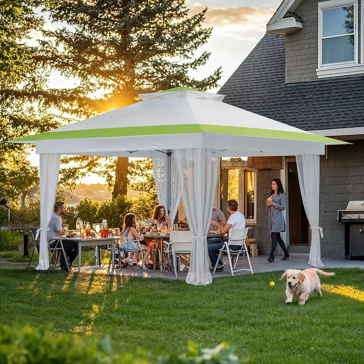 Amada 13x13 Pop Up Gazebo - Outdoor Canopy Tent with Mosquito Netting,Gazebos on Clearance,Gazebo for Backyard & Patio Furniture - Carpa Pop Up Tent with Wheeled Cover Bag,White & Green