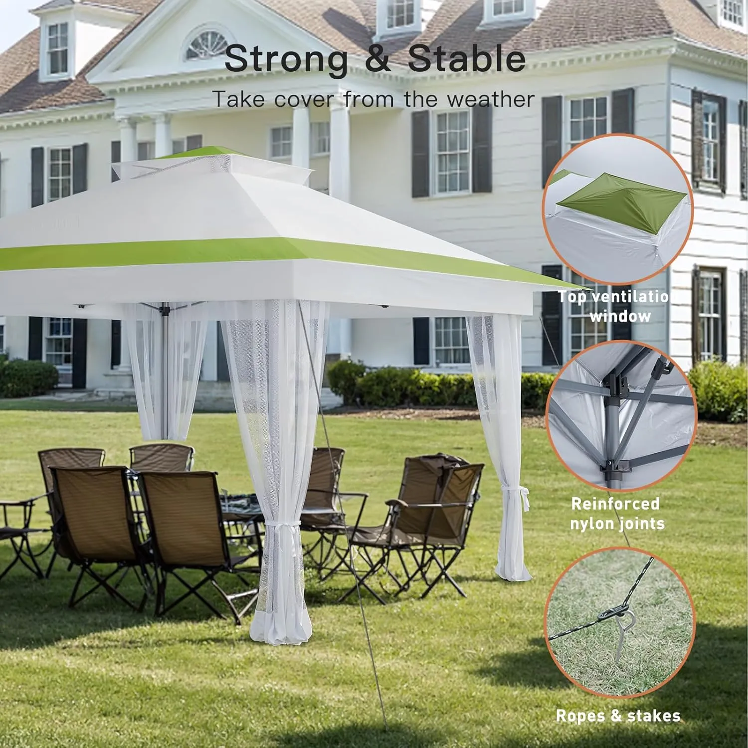 Amada 13x13 Pop Up Gazebo - Outdoor Canopy Tent with Mosquito Netting,Gazebos on Clearance,Gazebo for Backyard & Patio Furniture - Carpa Pop Up Tent with Wheeled Cover Bag,White & Green