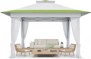 Amada 13x13 Pop Up Gazebo - Outdoor Canopy Tent with Mosquito Netting,Gazebos on Clearance,Gazebo for Backyard & Patio Furniture - Carpa Pop Up Tent with Wheeled Cover Bag,White & Green
