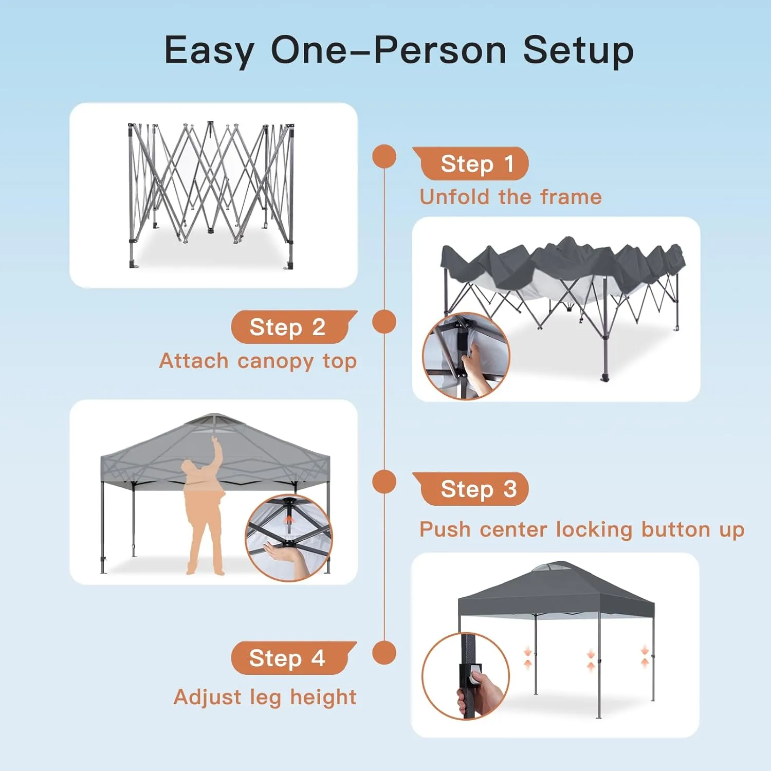 AMADA HOMEFURNISHING 10x10 Pop Up Canopy - Beach Tent with One Push Setup - Easy Outdoor Sun Shade for Events, Parties, Camping - Gazebo with Wheeled Cover Bag, 210D Silver Coated Top, Grey