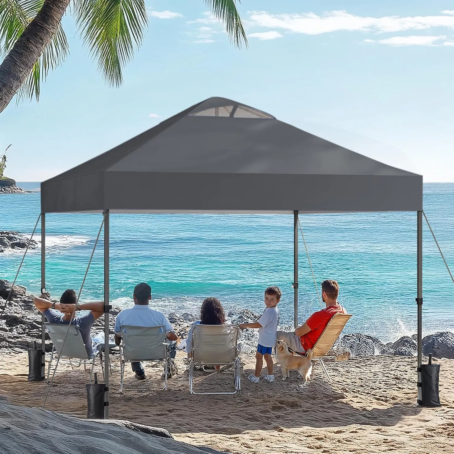 AMADA HOMEFURNISHING 10x10 Pop Up Canopy - Beach Tent with One Push Setup - Easy Outdoor Sun Shade for Events, Parties, Camping - Gazebo with Wheeled Cover Bag, 210D Silver Coated Top, Grey