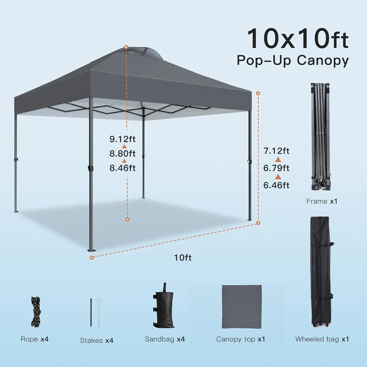 AMADA HOMEFURNISHING 10x10 Pop Up Canopy - Beach Tent with One Push Setup - Easy Outdoor Sun Shade for Events, Parties, Camping - Gazebo with Wheeled Cover Bag, 210D Silver Coated Top, Grey