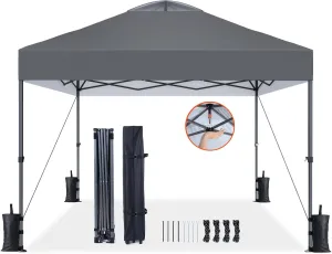 AMADA HOMEFURNISHING 10x10 Pop Up Canopy - Beach Tent with One Push Setup - Easy Outdoor Sun Shade for Events, Parties, Camping - Gazebo with Wheeled Cover Bag, 210D Silver Coated Top, Grey