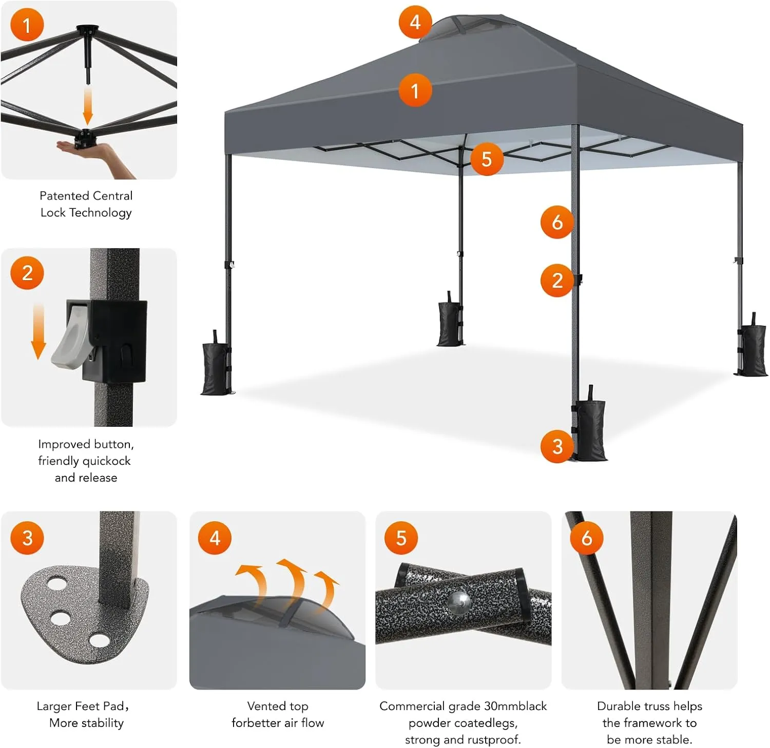 AMADA HOMEFURNISHING 10x10 Pop Up Canopy - Beach Tent with One Push Setup - Easy Outdoor Sun Shade for Events, Parties, Camping - Gazebo with Wheeled Cover Bag, 210D Silver Coated Top, Grey