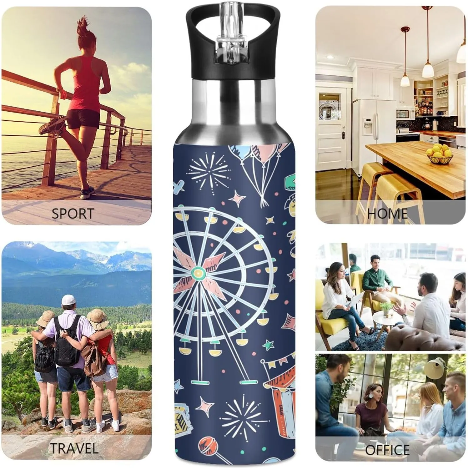 Amusement Park Water Bottle with Straw Lid, BPA Free Leakproof Vacuum Insulated Stainless Steel, 30 Oz Hot Cold Thermal Flask Drinking Bottle for Gym Fitness Outdoor Sport