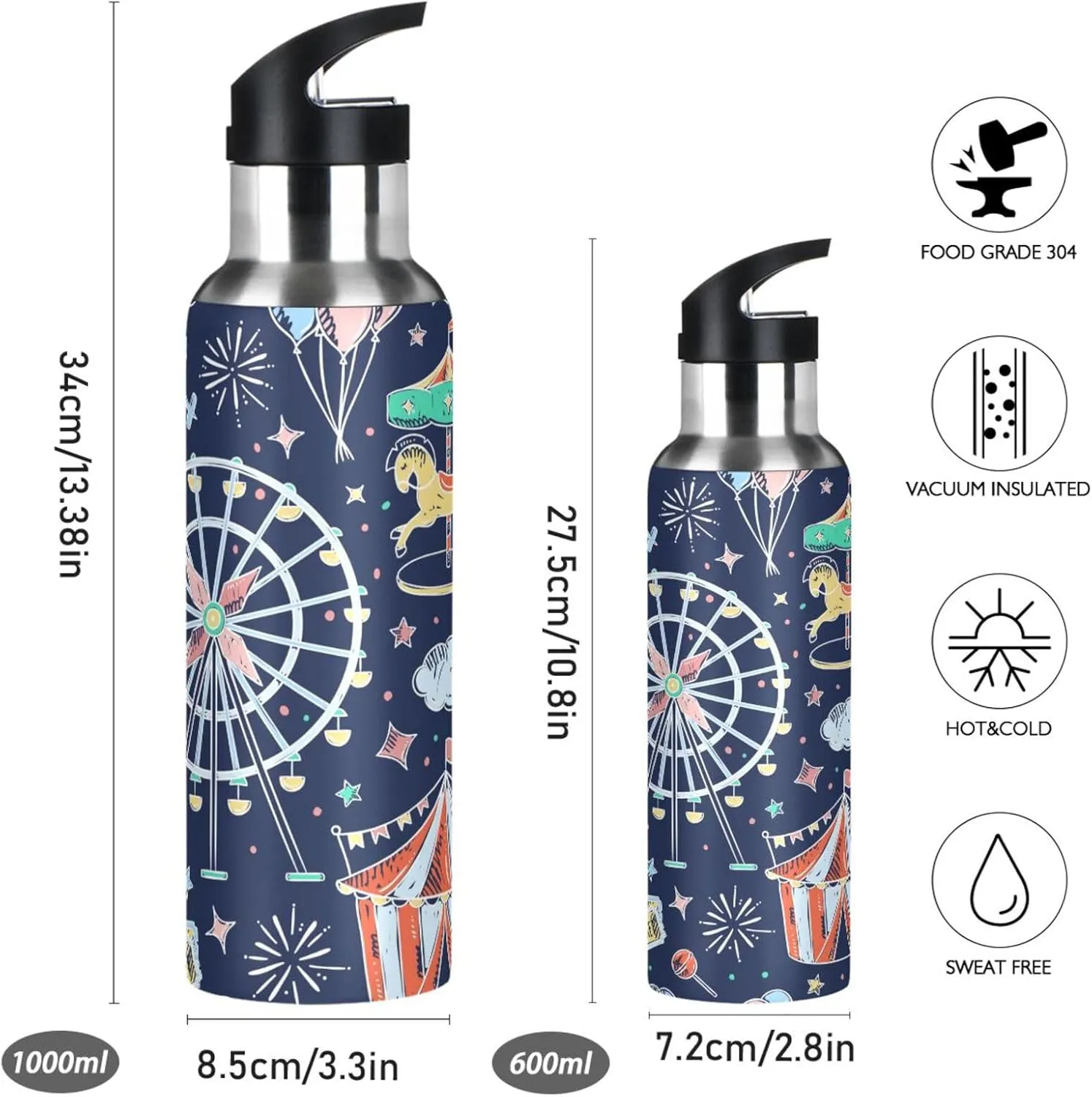 Amusement Park Water Bottle with Straw Lid, BPA Free Leakproof Vacuum Insulated Stainless Steel, 30 Oz Hot Cold Thermal Flask Drinking Bottle for Gym Fitness Outdoor Sport