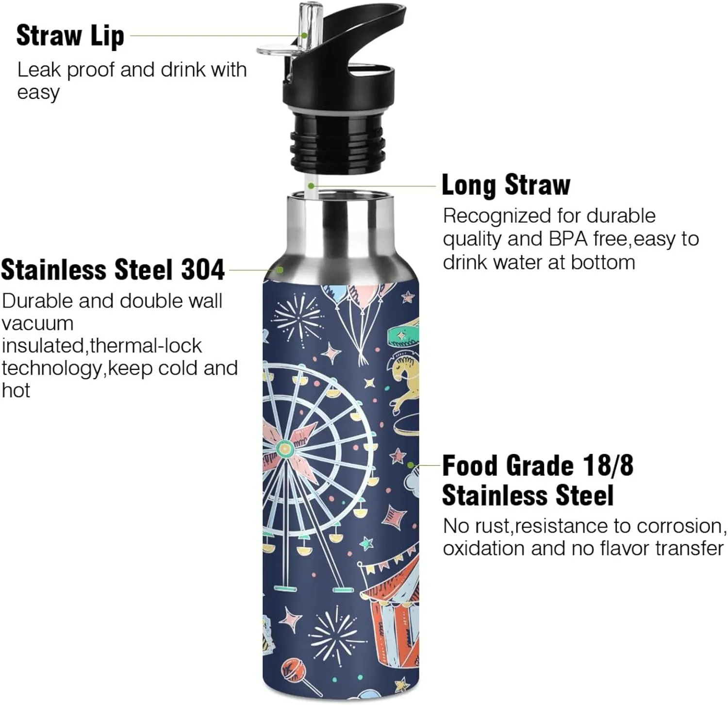 Amusement Park Water Bottle with Straw Lid, BPA Free Leakproof Vacuum Insulated Stainless Steel, 30 Oz Hot Cold Thermal Flask Drinking Bottle for Gym Fitness Outdoor Sport