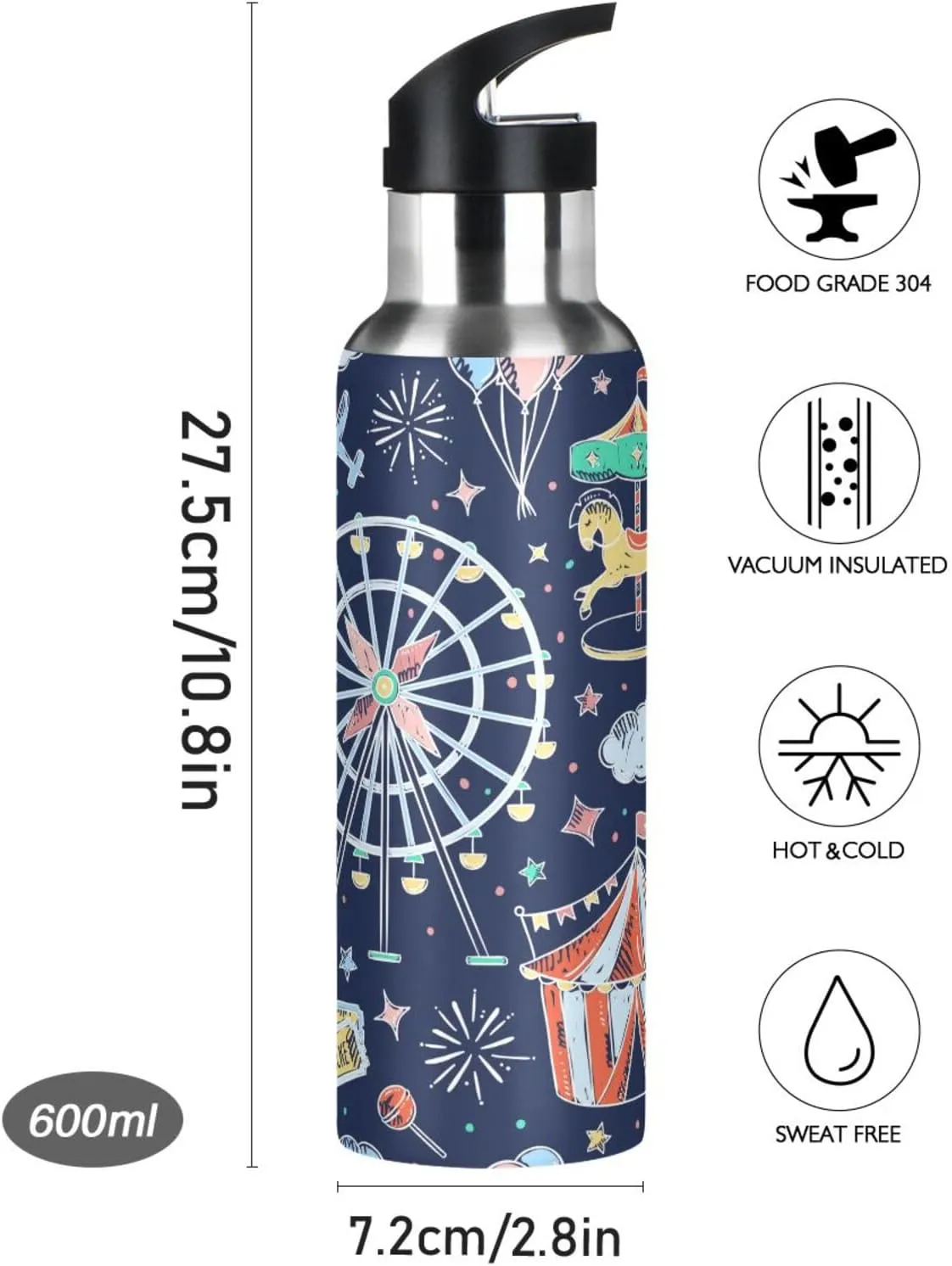 Amusement Park Water Bottle with Straw Lid, BPA Free Leakproof Vacuum Insulated Stainless Steel, 30 Oz Hot Cold Thermal Flask Drinking Bottle for Gym Fitness Outdoor Sport