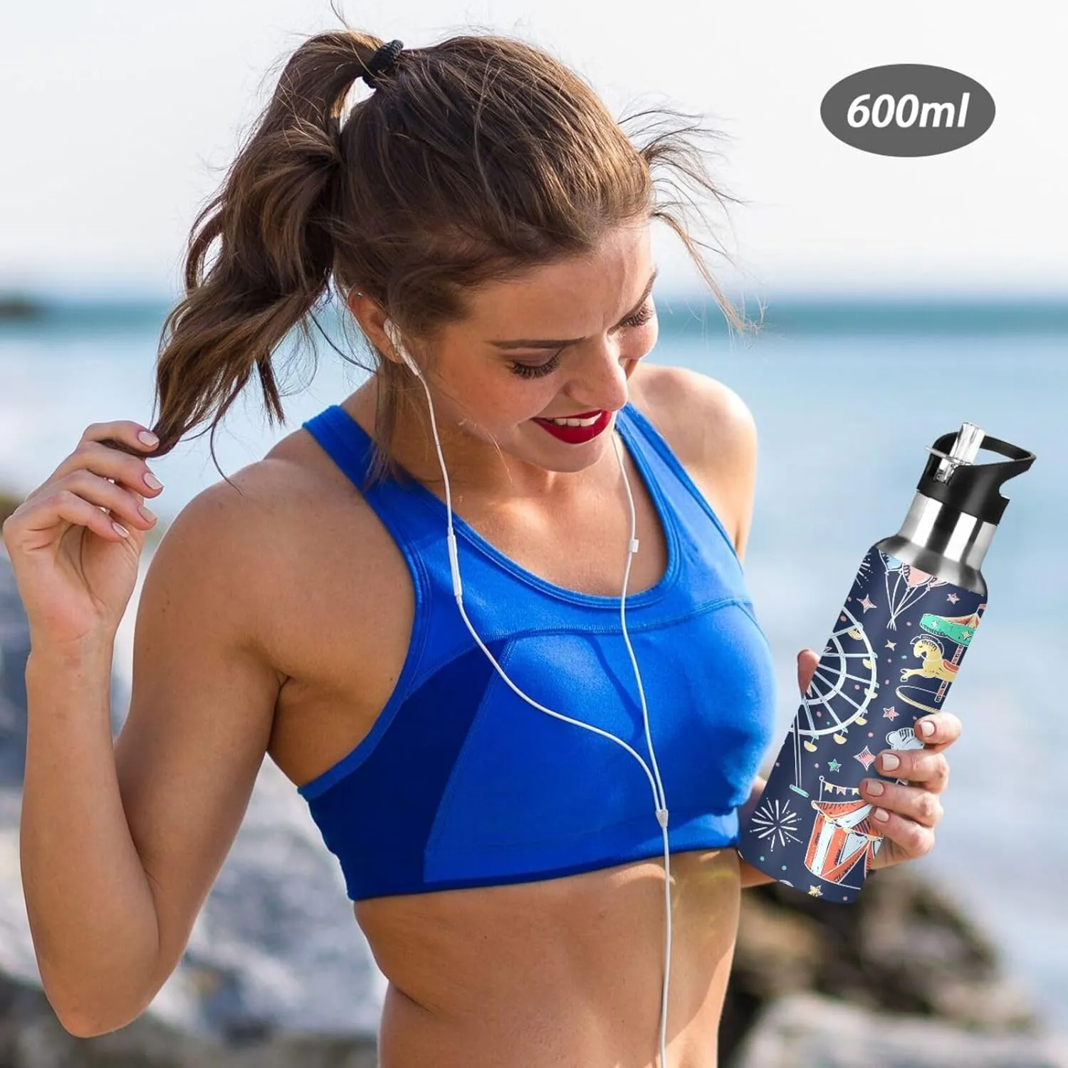 Amusement Park Water Bottle with Straw Lid, BPA Free Leakproof Vacuum Insulated Stainless Steel, 30 Oz Hot Cold Thermal Flask Drinking Bottle for Gym Fitness Outdoor Sport