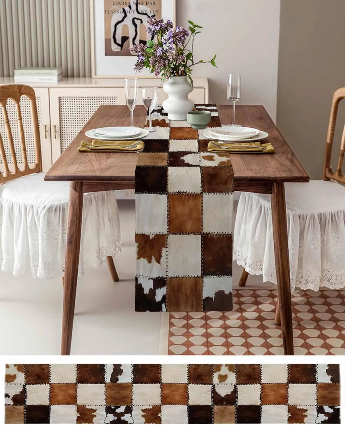 Animal Print Table Runner Cow Patchwork Art Brown Farmhouse Table Runners Dresser Scarves Kitchen Dining Table Decoration for Home Farmhouse Party Holidays 13"x72"