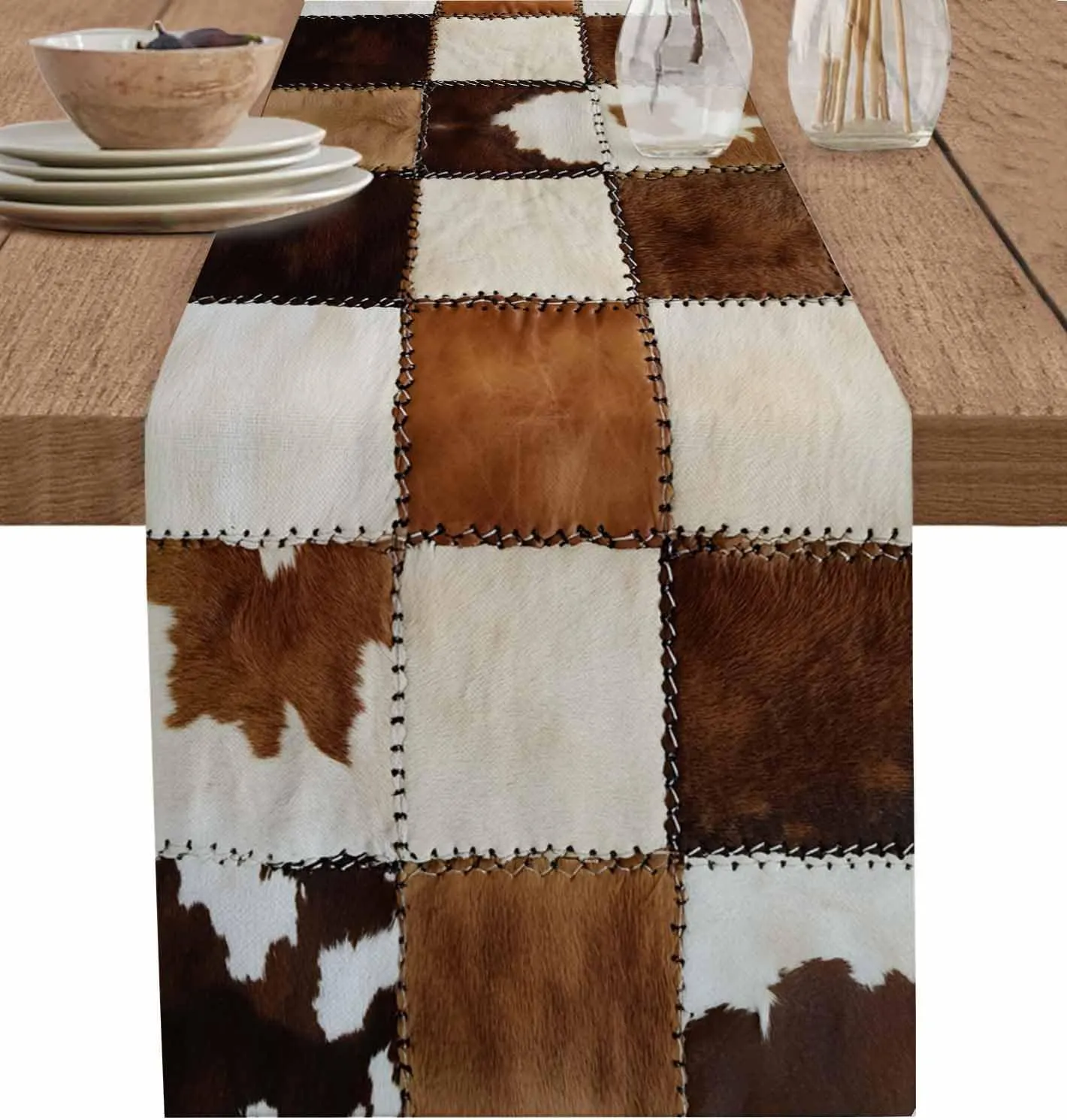 Animal Print Table Runner Cow Patchwork Art Brown Farmhouse Table Runners Dresser Scarves Kitchen Dining Table Decoration for Home Farmhouse Party Holidays 13"x72"