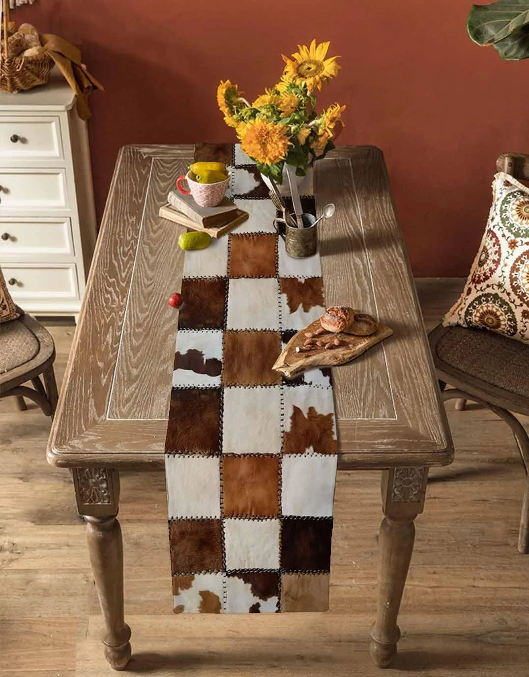 Animal Print Table Runner Cow Patchwork Art Brown Farmhouse Table Runners Dresser Scarves Kitchen Dining Table Decoration for Home Farmhouse Party Holidays 13"x72"
